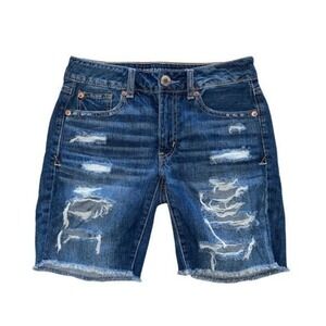 American Eagle Tomgirl Bermuda Shorts Dark Wash Distressed Denim 00 Festival